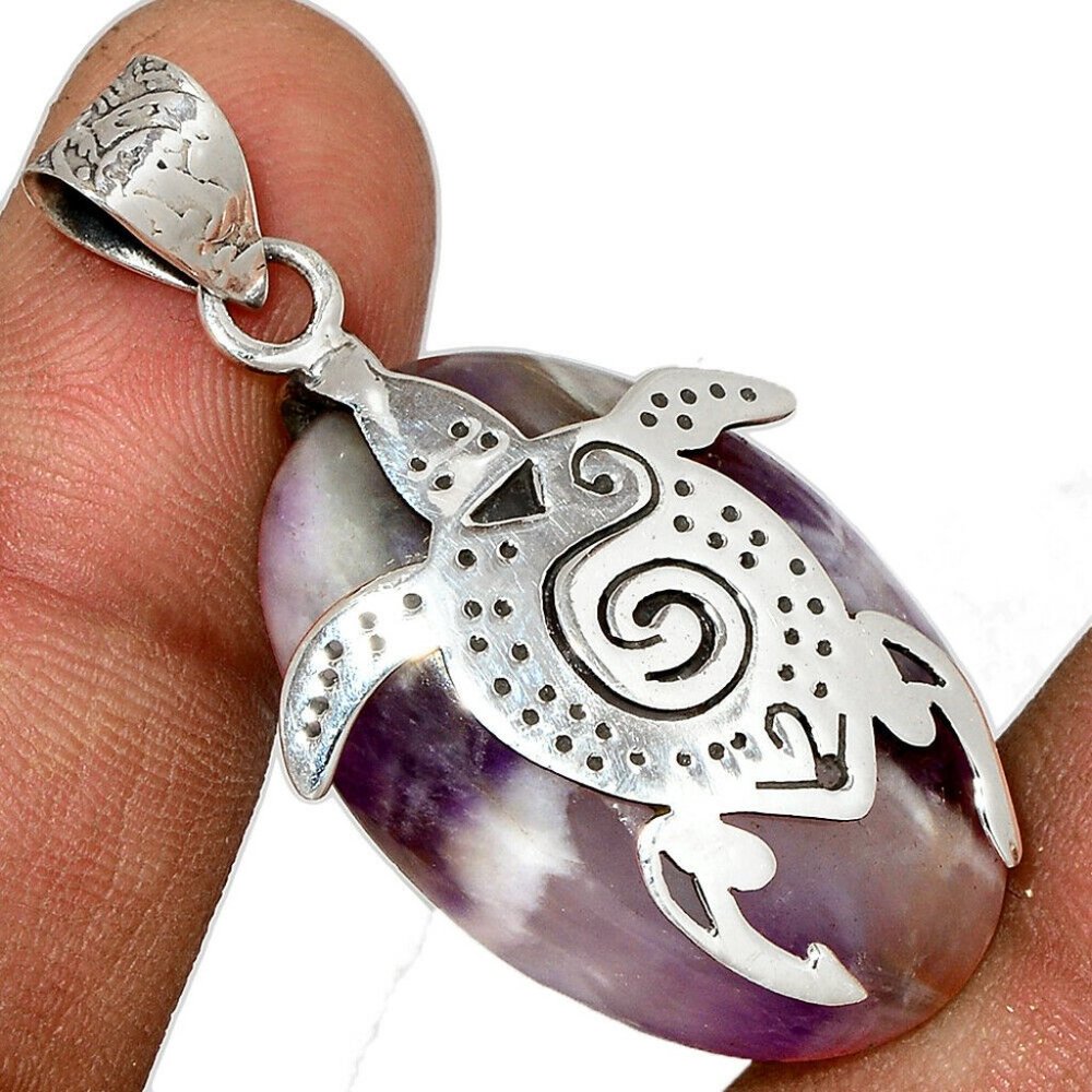 Southwestern Amethyst Chevron Crystal Healing Sterling Silver Turtle Pendant